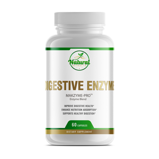 Natural Extract Digestive Enzyme with Makzyme-Pro enzyme blend, 60 vegetable capsules, white bottle with green label, front view.