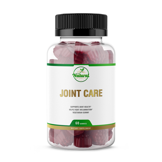 Natural Extract Joint Care Gummies, 60 count vegan gummies in a clear bottle with a black cap, front view.