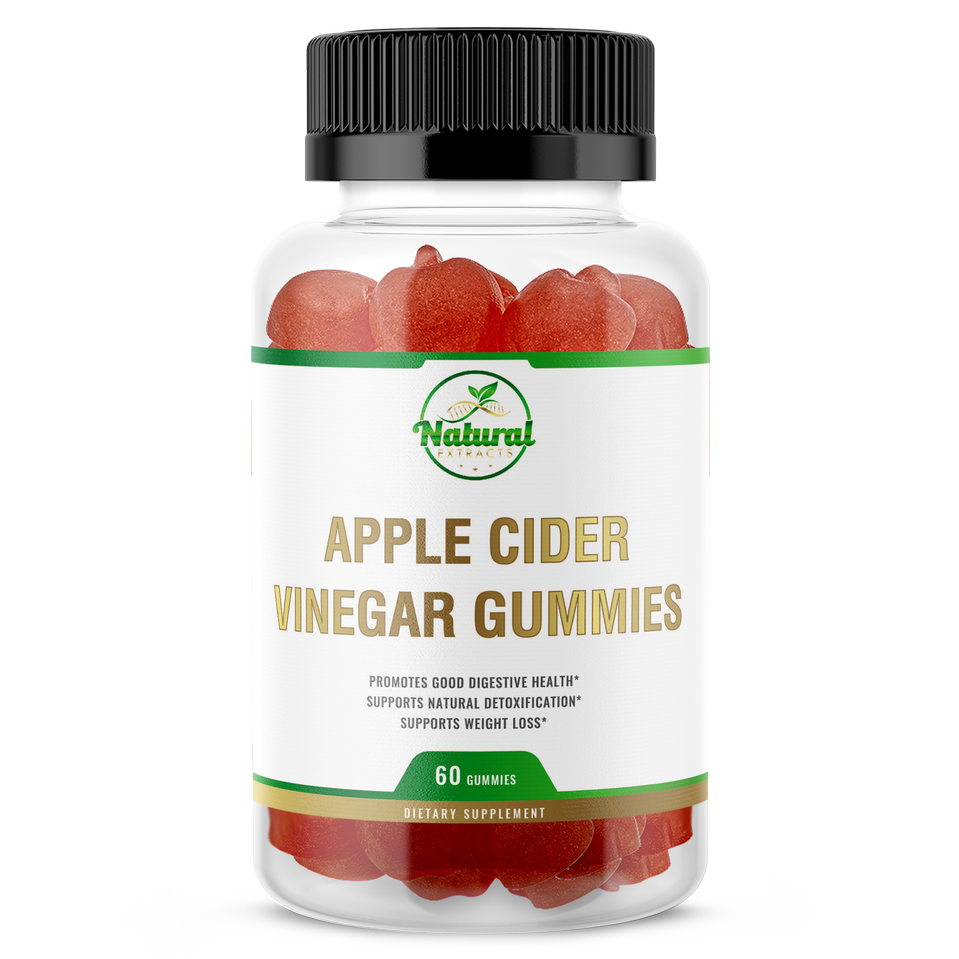 Natural Extract Apple Cider Vinegar Gummies, 60 count, apple flavor, in a clear bottle with a black cap.