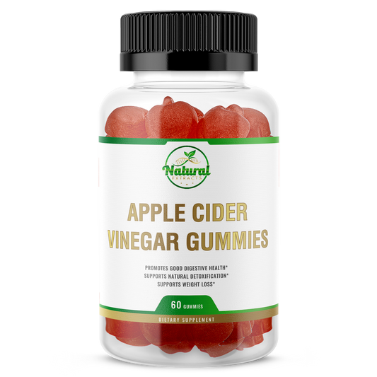 Natural Extract Apple Cider Vinegar Gummies, 60 count, apple flavor, in a clear bottle with a black cap.