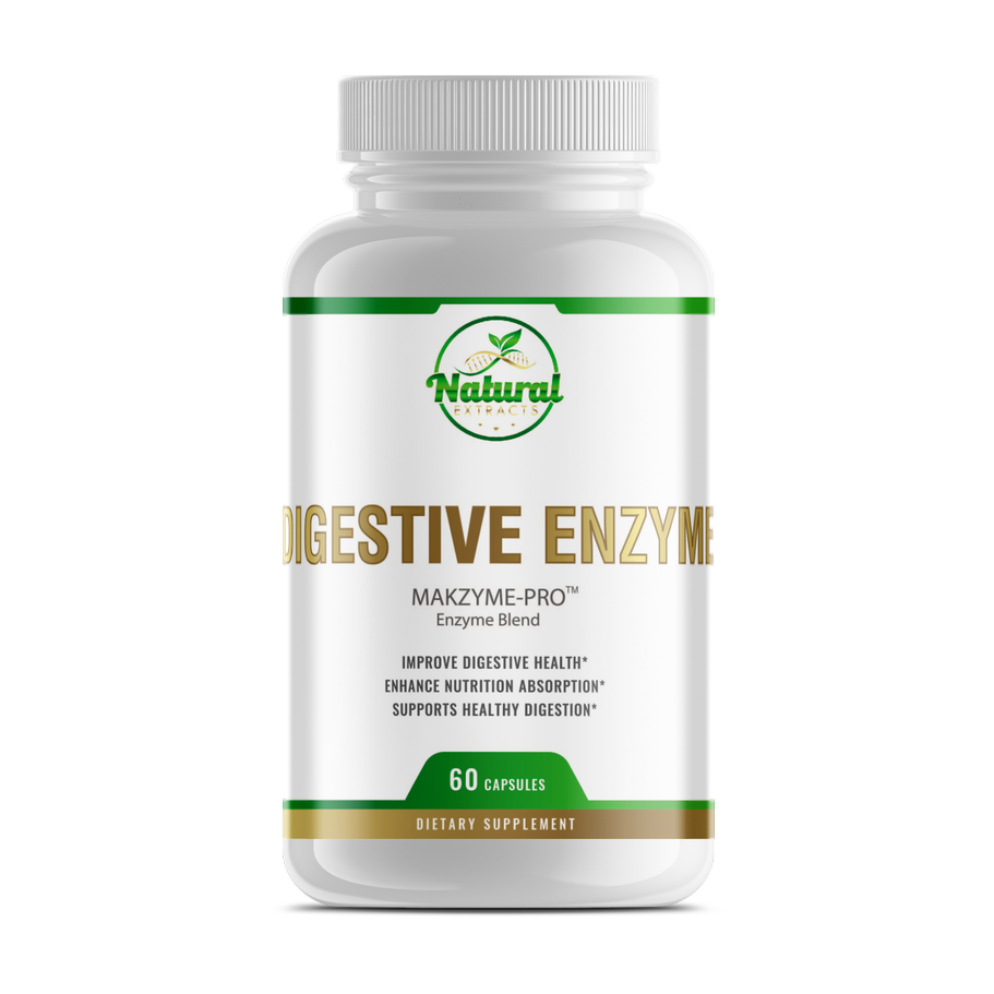 Natural Extracts Digestive Enzyme Makzyme-Pro Enzyme Blend, 60 capsules, white bottle with green label, front view.