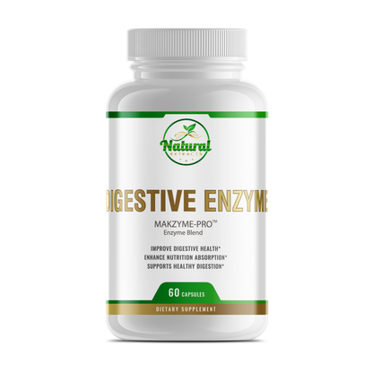 Natural Extracts Digestive Enzyme Makzyme-Pro Enzyme Blend, 60 capsules, white bottle with green label, front view.