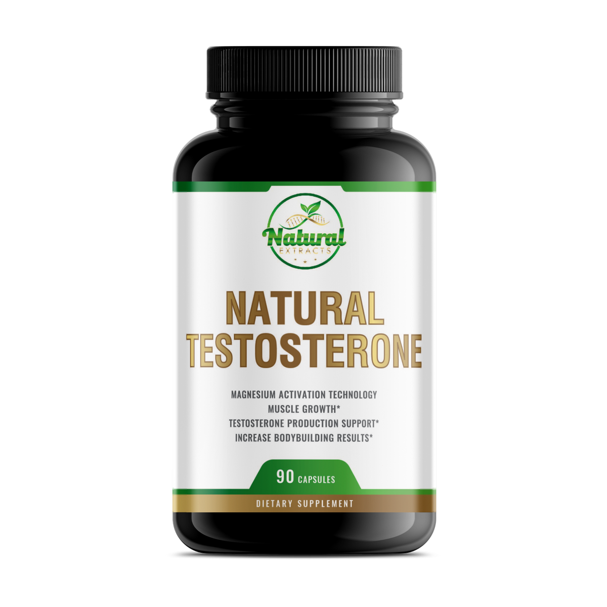 Front view of Natural Extracts Natural Testosterone 90 capsules dietary supplement in a black bottle.