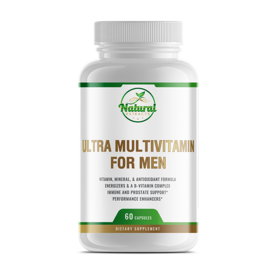 Natural Extracts Ultra Multivitamin for Men, 60 capsules, white bottle with green and gold label, front view.
