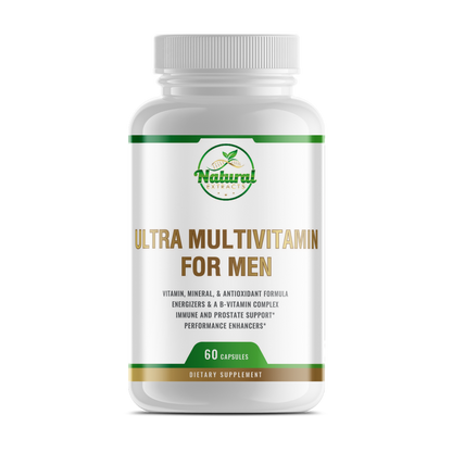 Natural Extracts Ultra Multivitamin for Men, 60 capsules, white bottle with green and gold label, front view.