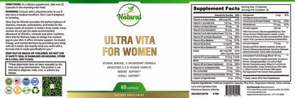 Natural Extracts Ultra Vita For Women dietary supplement, 60 capsules, front label with supplement facts.