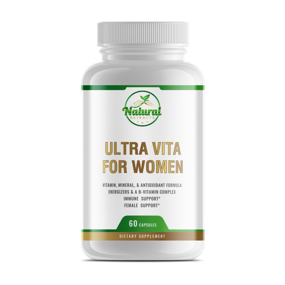 Natural Extracts Ultra Vita For Women, 60 Capsules, front view of white bottle with green and gold label.