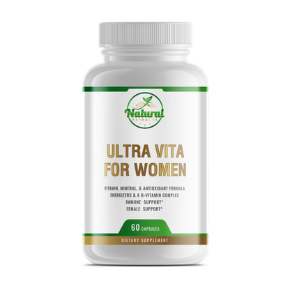 Natural Extracts Ultra Vita For Women, 60 Capsules, front view of white bottle with green and gold label.