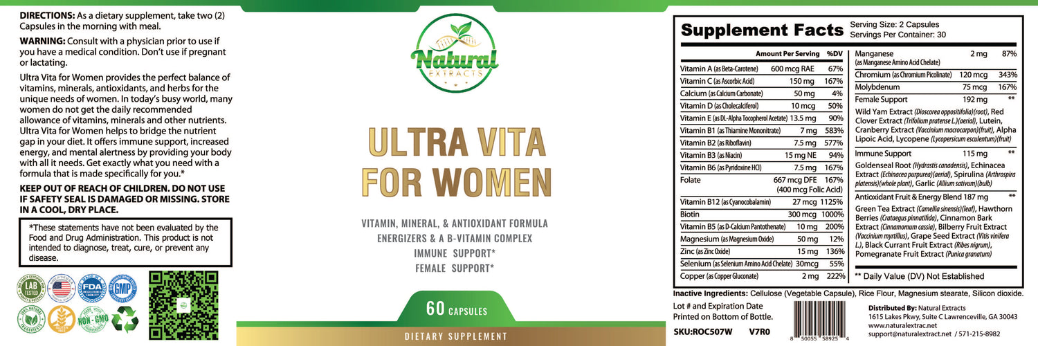 Natural Extracts Ultra Vita For Women, 60 capsules, front view with supplement facts and ingredients.