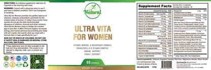Natural Extracts Ultra Vita For Women, 60 capsules, front view with supplement facts and ingredients.