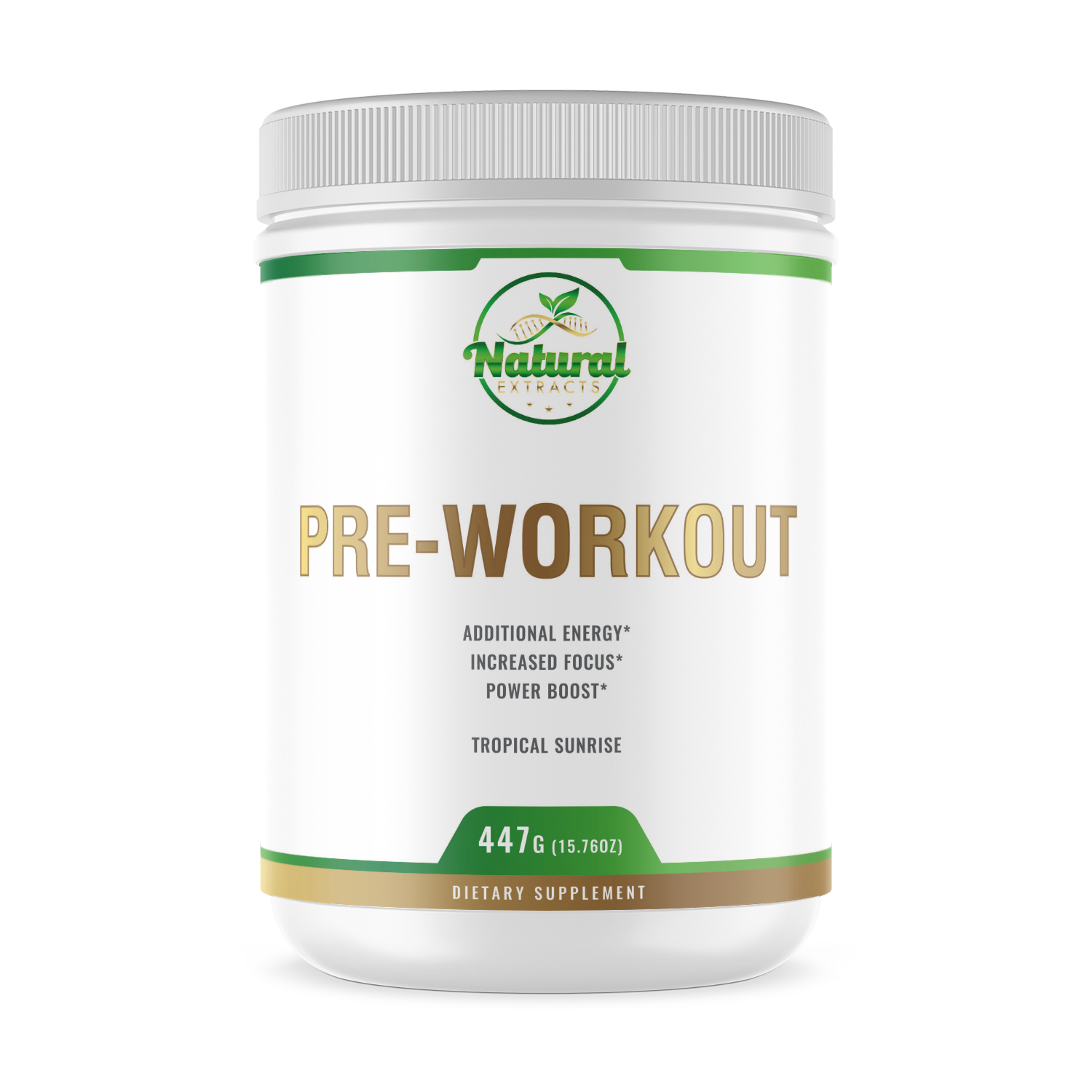 Natural Extracts Pre-Workout Tropical Sunrise dietary supplement, 447g (15.76oz) white tub with green label, front view.