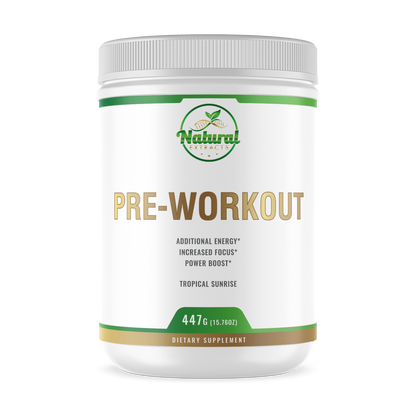 Natural Extracts Pre-Workout Tropical Sunrise dietary supplement, 447g (15.76oz) white tub with green label, front view.