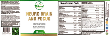 Natural Extracts Neuro Brain and Focus 60 capsules dietary supplement, front label view with supplement facts.