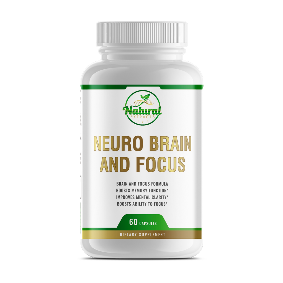 Front view of Natural Extracts Neuro Brain and Focus dietary supplement in a white bottle with 60 capsules.
