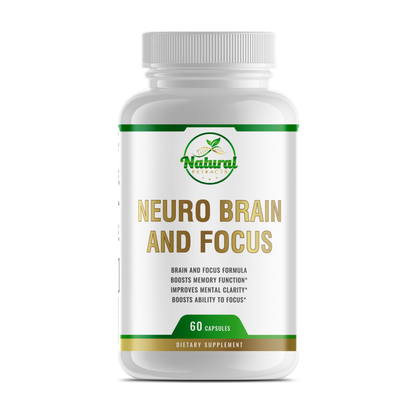 Front view of Natural Extracts Neuro Brain and Focus dietary supplement in a white bottle with 60 capsules.
