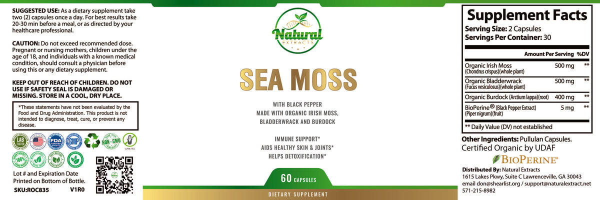 Natural Extracts Sea Moss dietary supplement, 60 capsules, with black pepper, organic Irish moss, bladderwrack, and burdock. Front label.