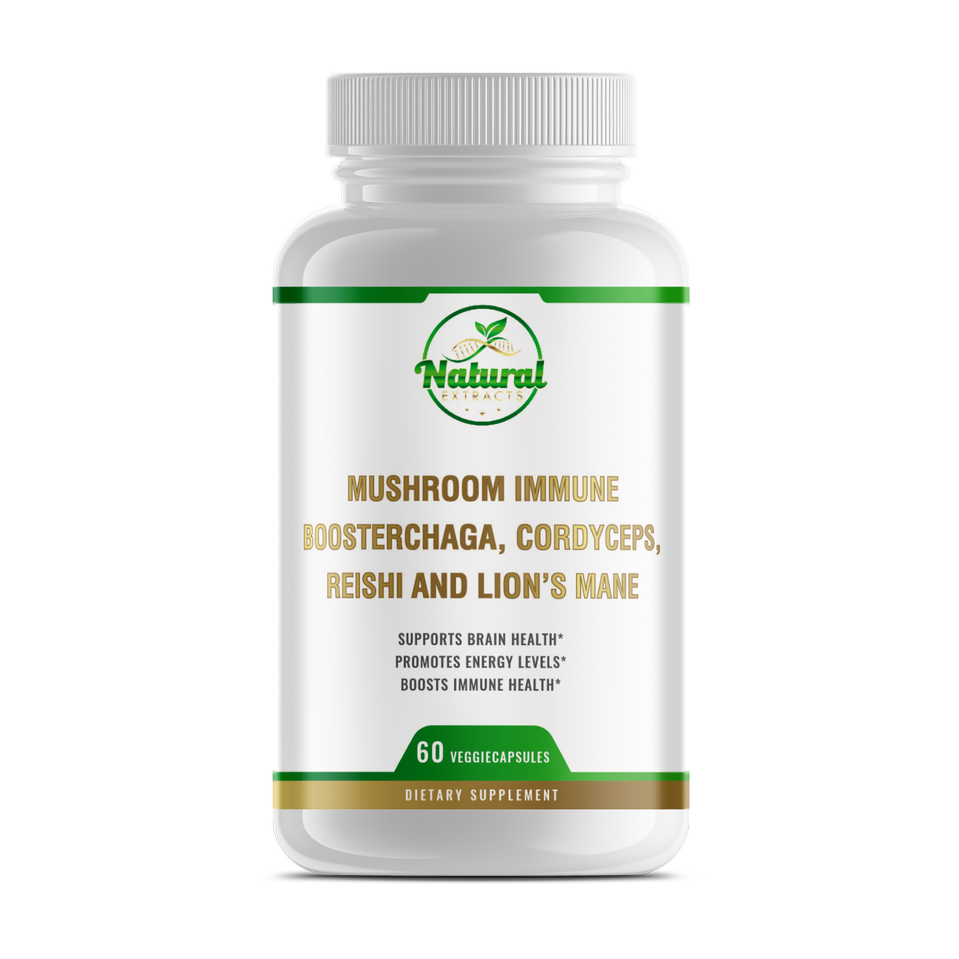 Front view of Natural Extracts Mushroom Immune Booster, 60 veggie capsules, in a white bottle.