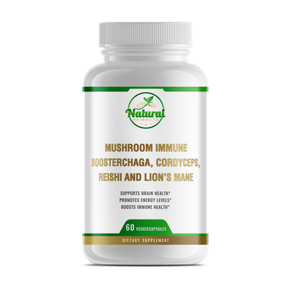 Front view of Natural Extracts Mushroom Immune Booster, 60 veggie capsules, in a white bottle.