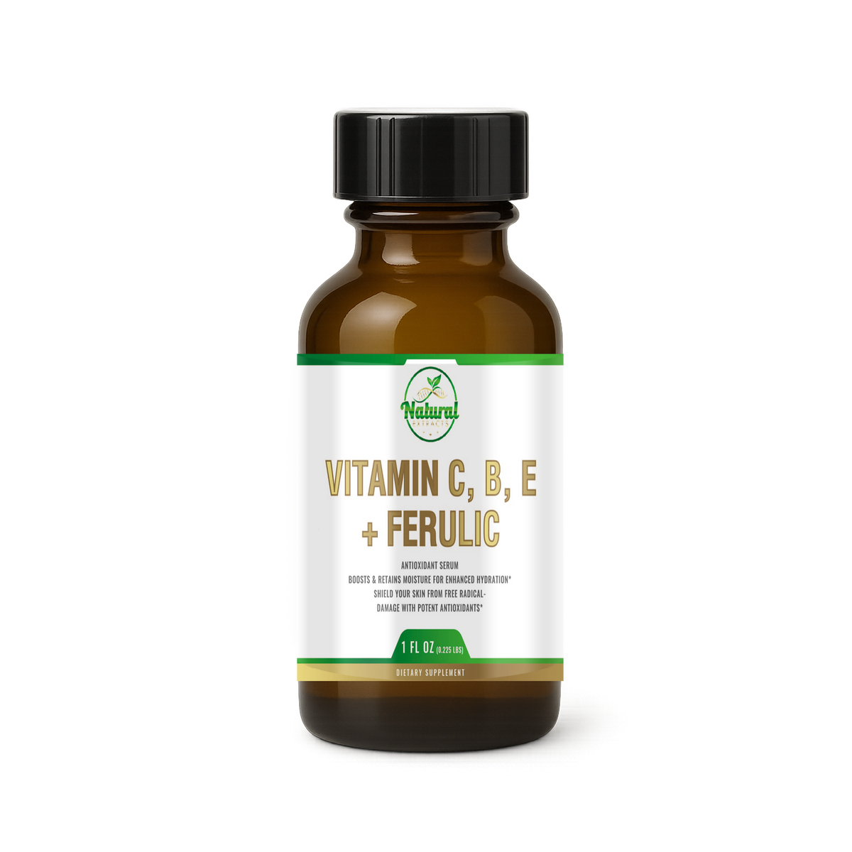 Natural Extracts Vitamin C, B, E + Ferulic Antioxidant Serum, 1 fl oz, front view of amber bottle with black cap.