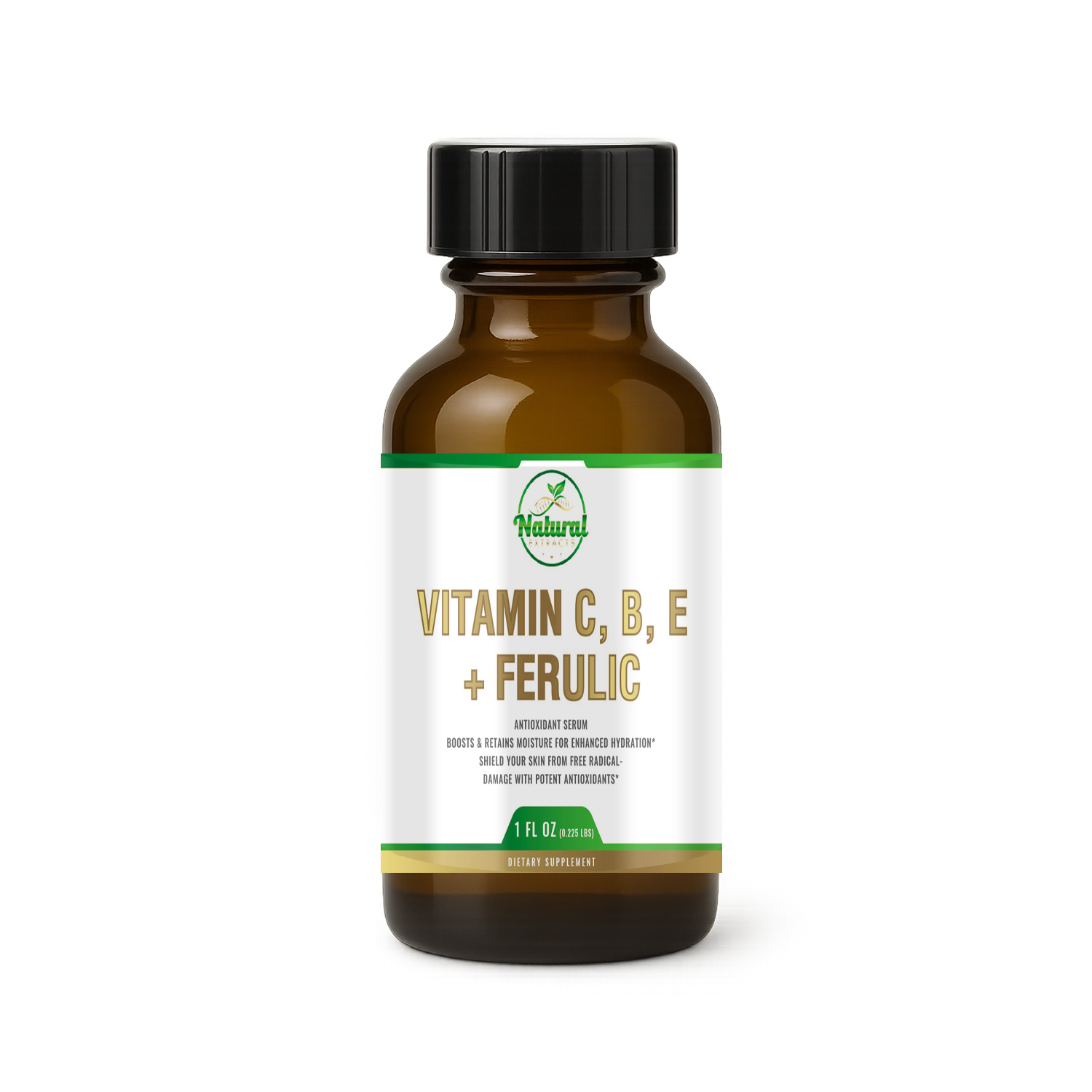 Natural Extracts Vitamin C, B, E + Ferulic Antioxidant Serum, 1 fl oz, front view of amber bottle with black cap.