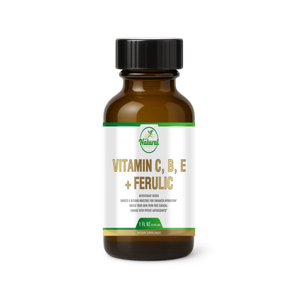 Natural Extracts Vitamin C, B, E + Ferulic Antioxidant Serum, 1 fl oz, front view of amber bottle with black cap.
