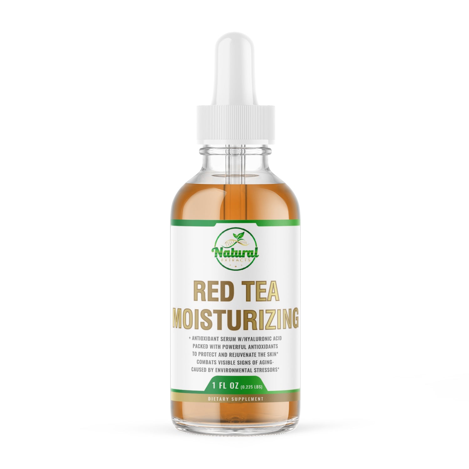 Front view of Natural Extracts Pure Red Tea Moisturizing serum in a 1 fl oz dropper bottle.