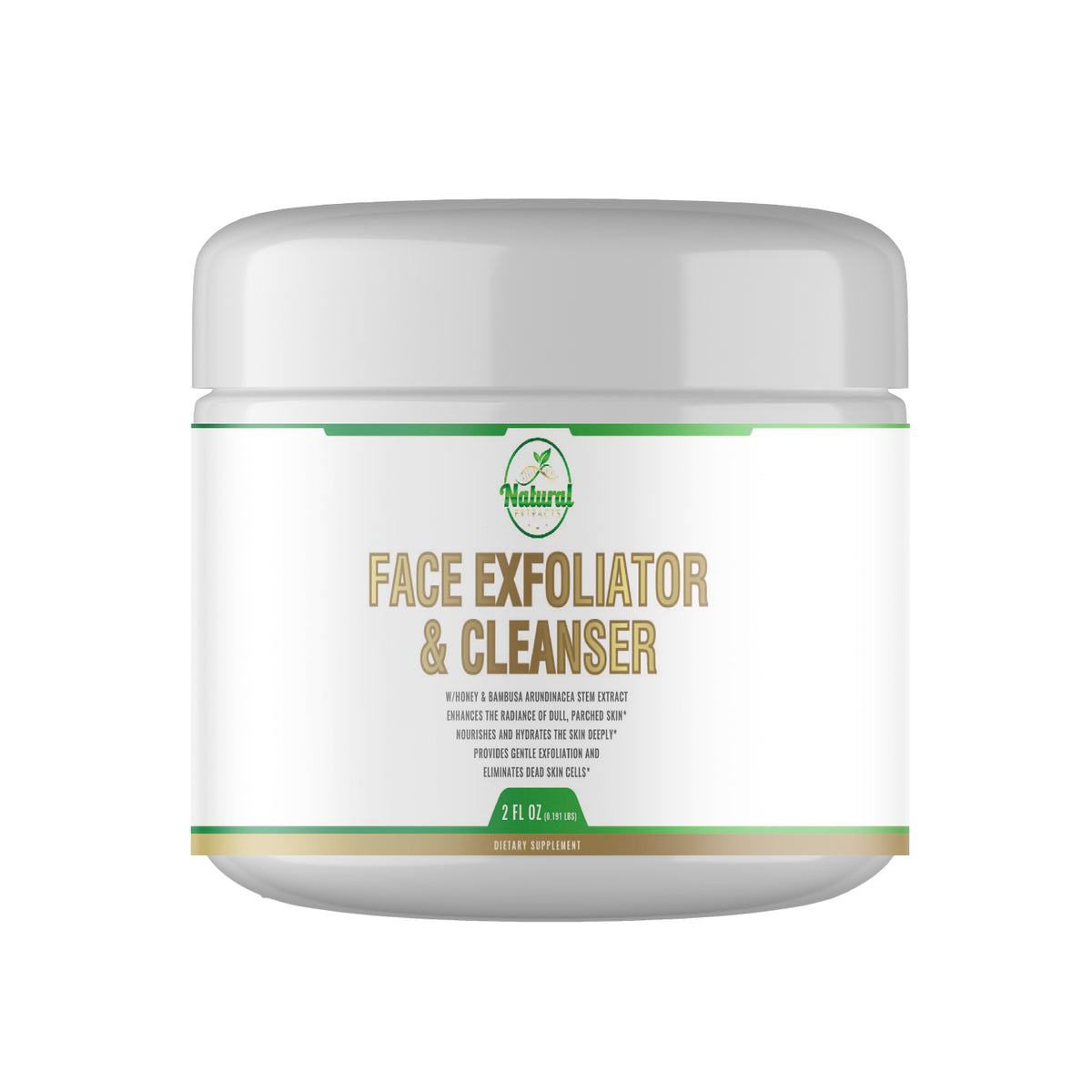 Front view of Natural Extract Face Exfoliator & Cleanser in a white jar, 2 fl oz.