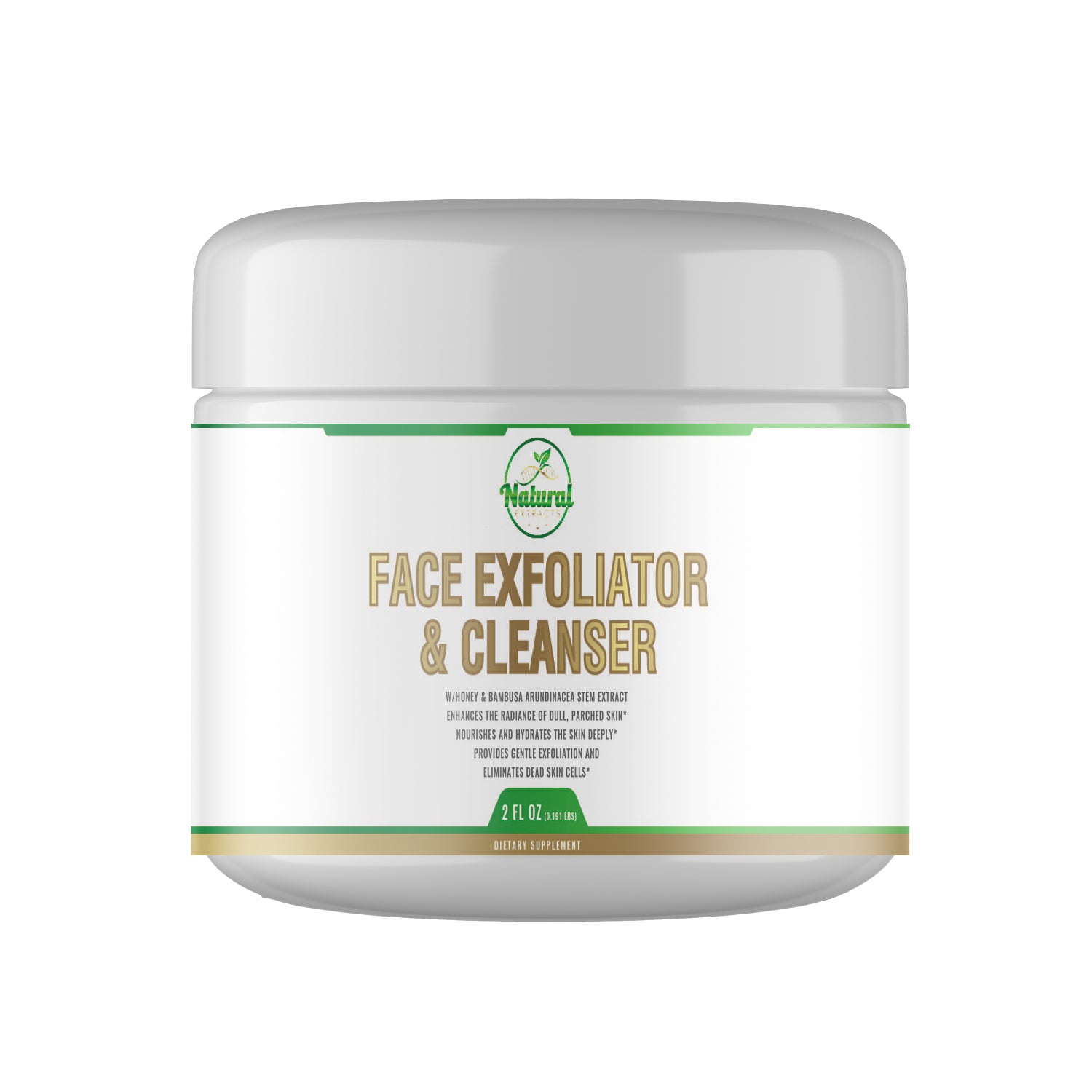 Front view of Natural Extract Face Exfoliator & Cleanser in a white jar, 2 fl oz.