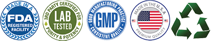 FDA Registered Facility, Lab Tested for Purity & Potency, GMP, Made in USA, and recycling logos.