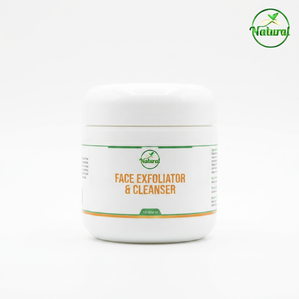 Natural Face Exfoliator & Cleanser in a white jar, 120 ml, front view.