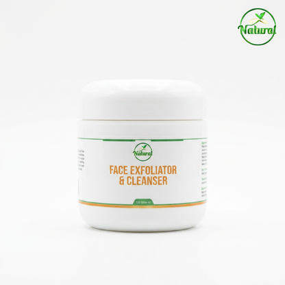 Natural Face Exfoliator & Cleanser in a white jar, 120 ml, front view.