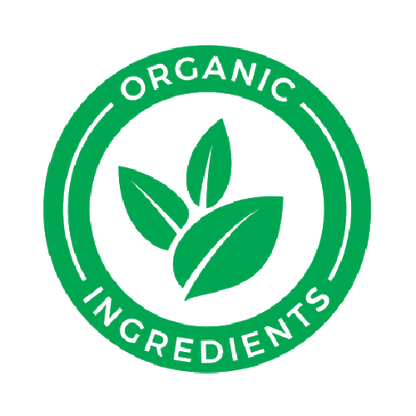 Green circular logo with three leaves in the center and the words "ORGANIC INGREDIENTS" around the border.