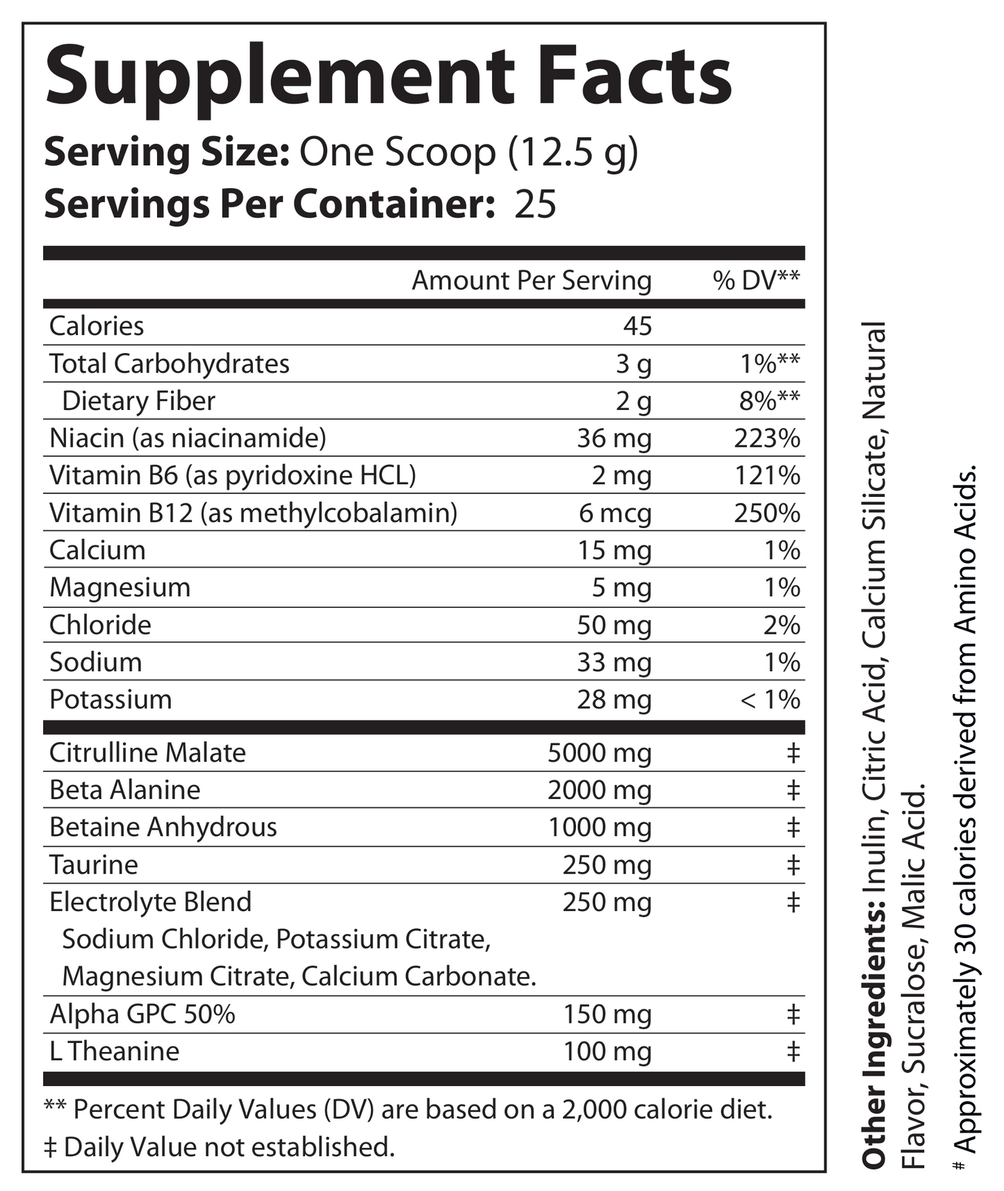 Supplement Facts panel for Natural Extract Pump Peak Pineapple Pre-Workout (ROC011)