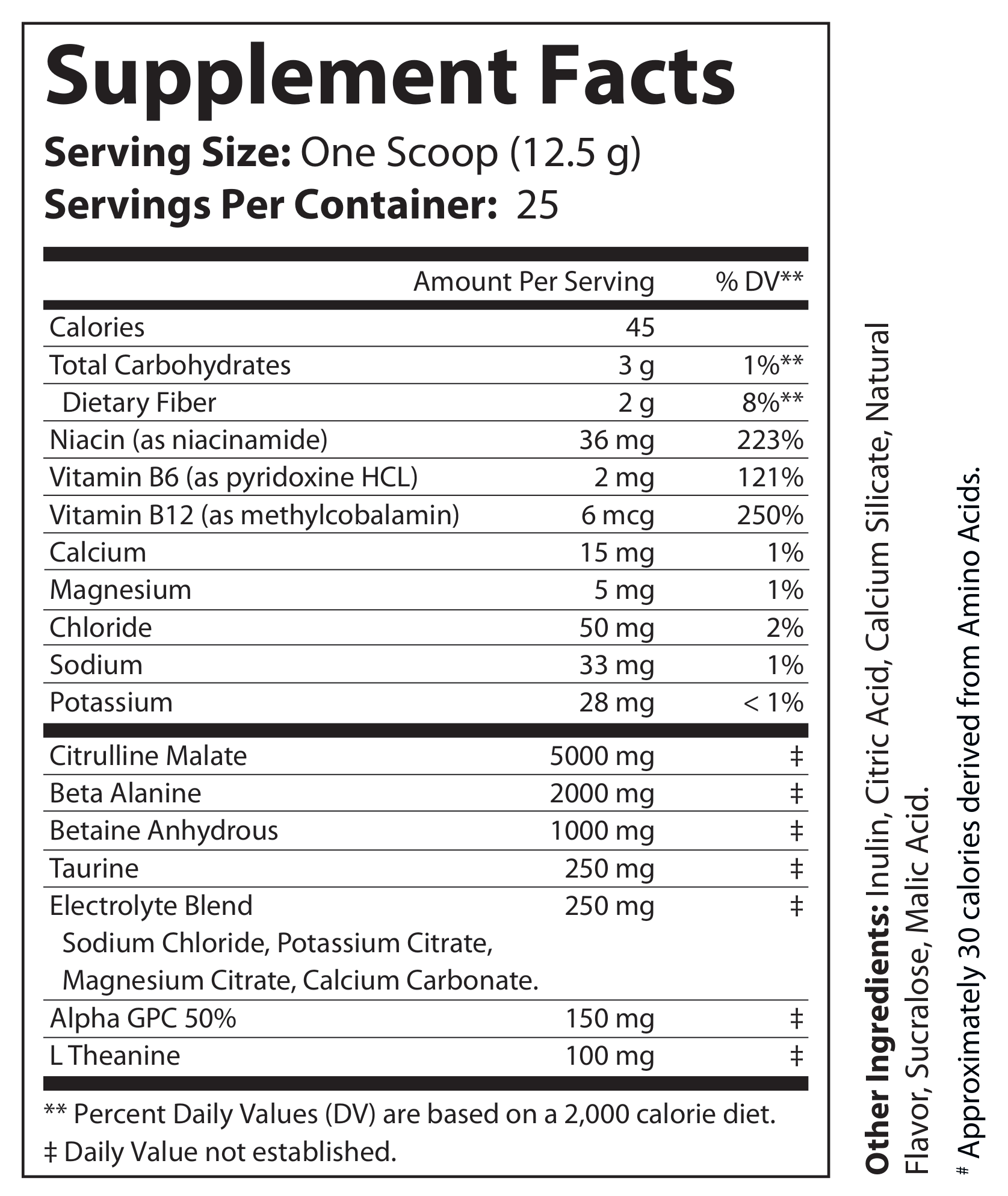 Supplement Facts panel for Natural Extract Pump Peak Pineapple Pre-Workout (ROC011)
