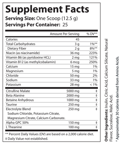 Supplement Facts panel for Natural Extract Pump Peak Pineapple Pre-Workout (ROC011)