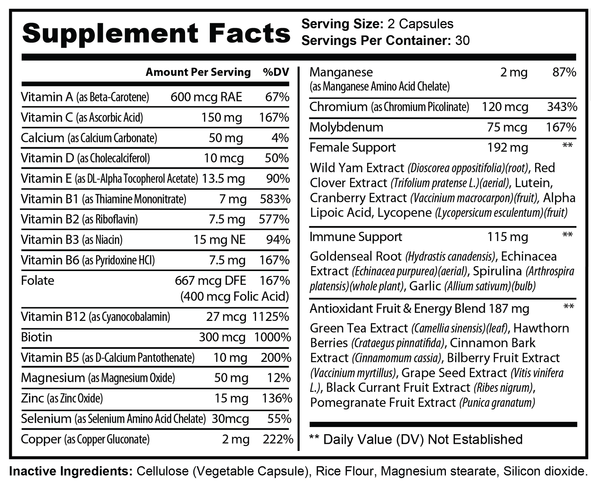 Supplement Facts panel for Natural Extract Ultra Multivitamin for Women (ROC507W)