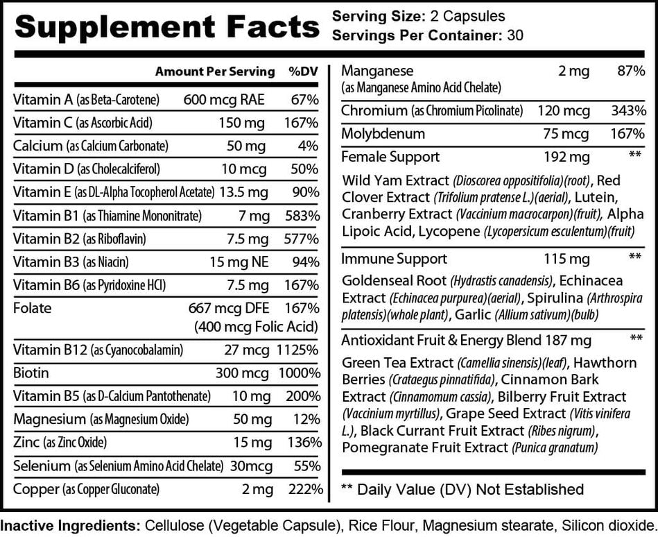 Supplement Facts label for Natural Extract Ultra Multivitamin, showing vitamins, minerals, and proprietary blends.