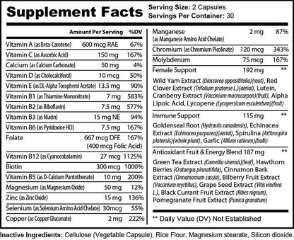 Supplement Facts label for Natural Extract Ultra Multivitamin, showing vitamins, minerals, and proprietary blends.