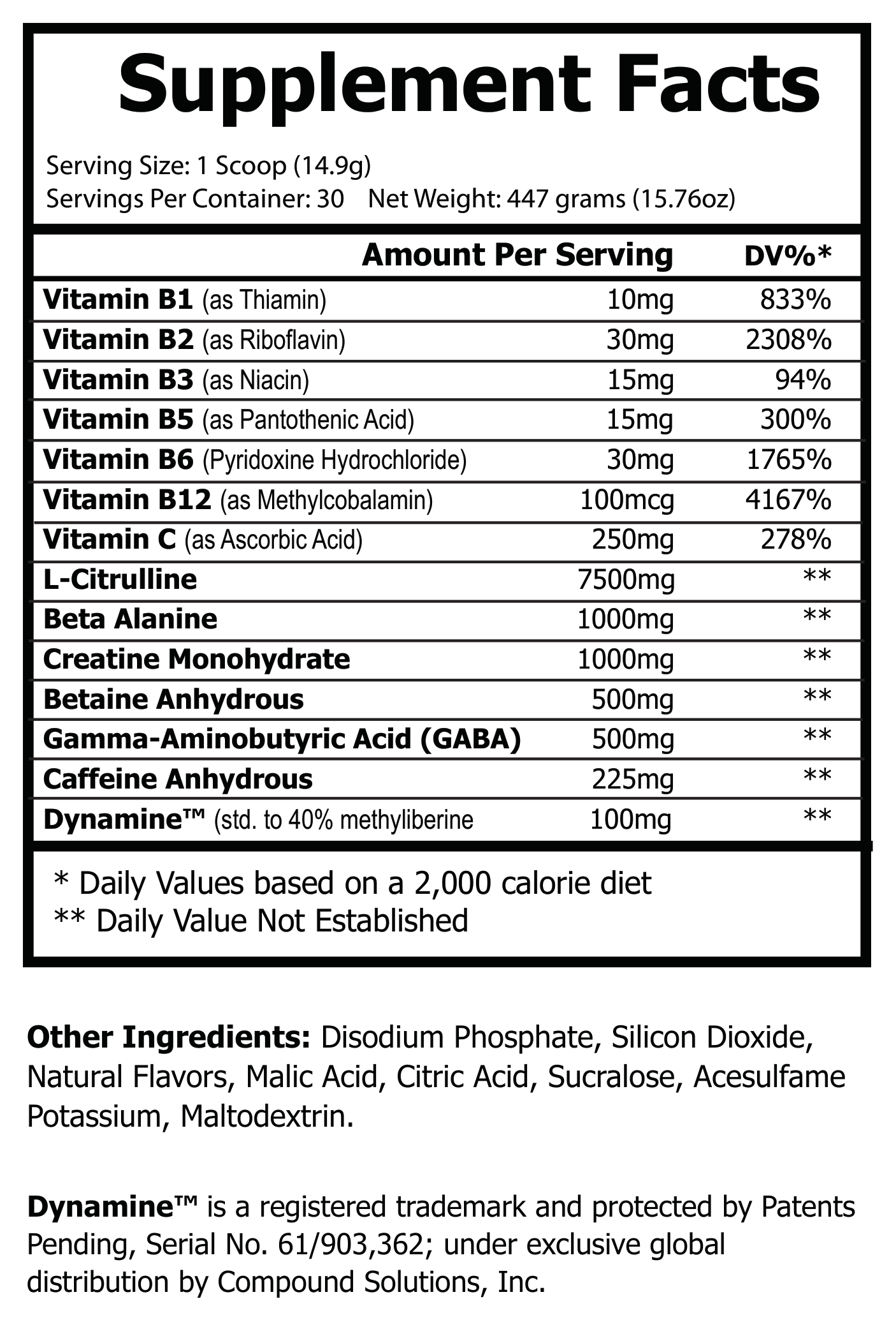 Supplement Facts panel for Natural Extract Pre-Workout Tropical Sunrise (ROC611)