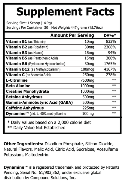 Supplement Facts panel for Natural Extract Pre-Workout Tropical Sunrise (ROC611)