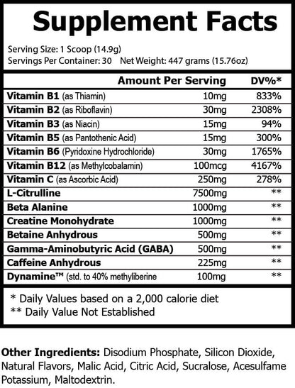 Supplement Facts label for Natural Extract Pre-Workout Tropical Sunrise, showing vitamins, L-Citrulline, Beta Alanine, Creatine, Caffeine, and other ingredients.