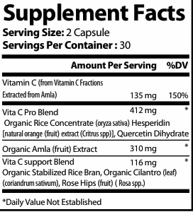 Supplement Facts label for Natural Extract Natural Vitamin C, showing 135mg Vitamin C per serving.