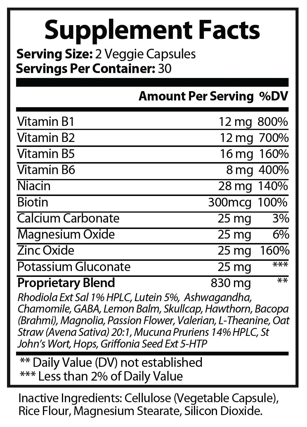 Supplement Facts panel for Natural Extract Anxiety Formula (ROC801)