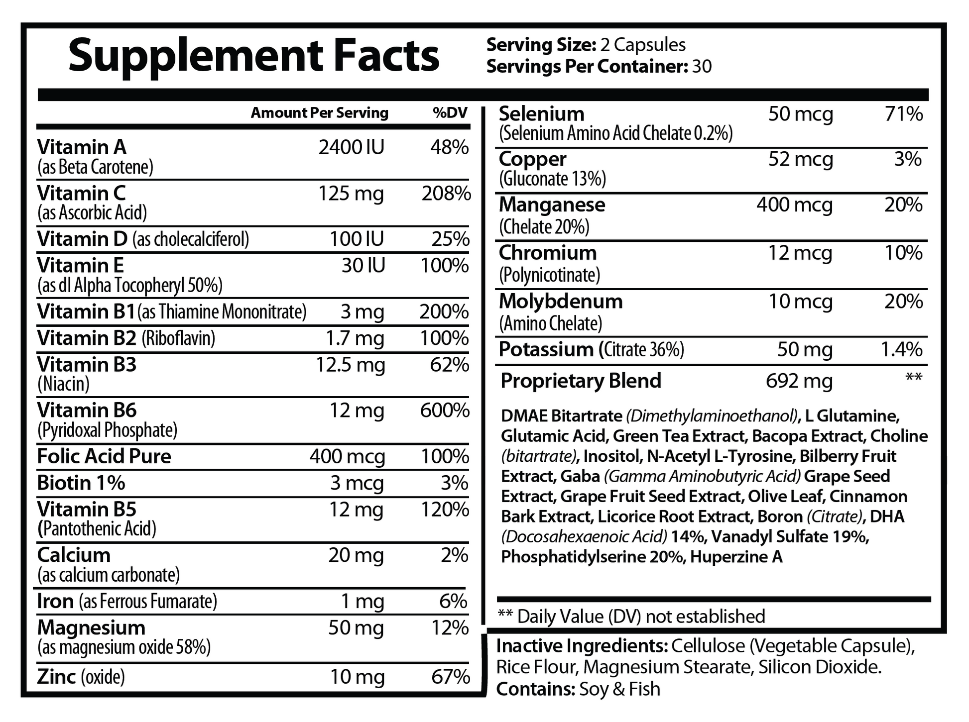 Supplement Facts panel for Natural Extract Neuro Brain and Focus (ROC812)