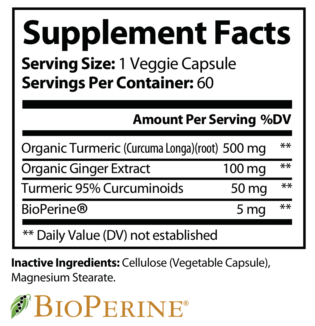 Supplement Facts panel for Natural Extract Turmeric with Ginger (ROC823)
