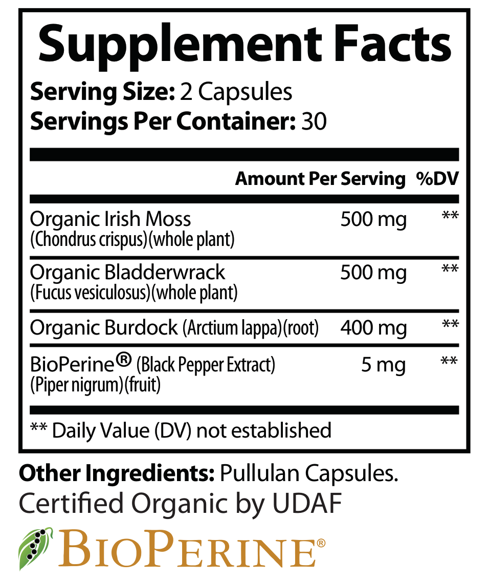 Supplement Facts panel for Natural Extract Sea Moss (ROC835)