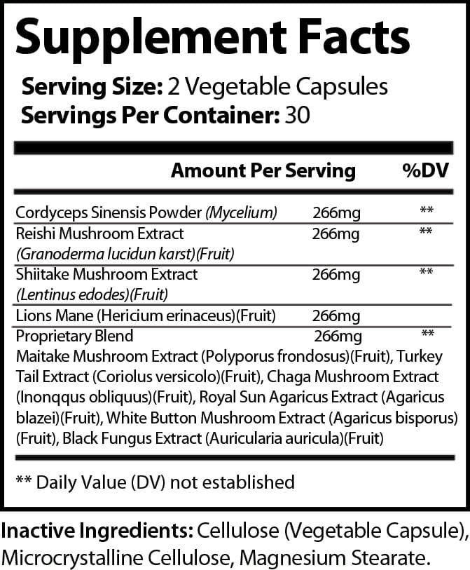 Supplement Facts label for Natural Extract Mushroom Immune Booster, showing 2 vegetable capsules per serving, 30 servings.