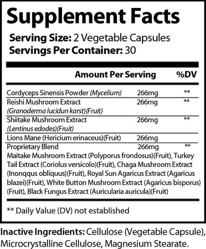 Supplement Facts label for Natural Extract Mushroom Immune Booster, showing 2 vegetable capsules per serving, 30 servings.