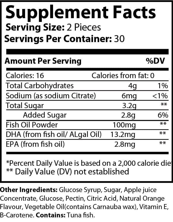 Supplement Facts label for Natural Extract Omega 3 Gummies, showing 100mg Fish Oil Powder per serving.
