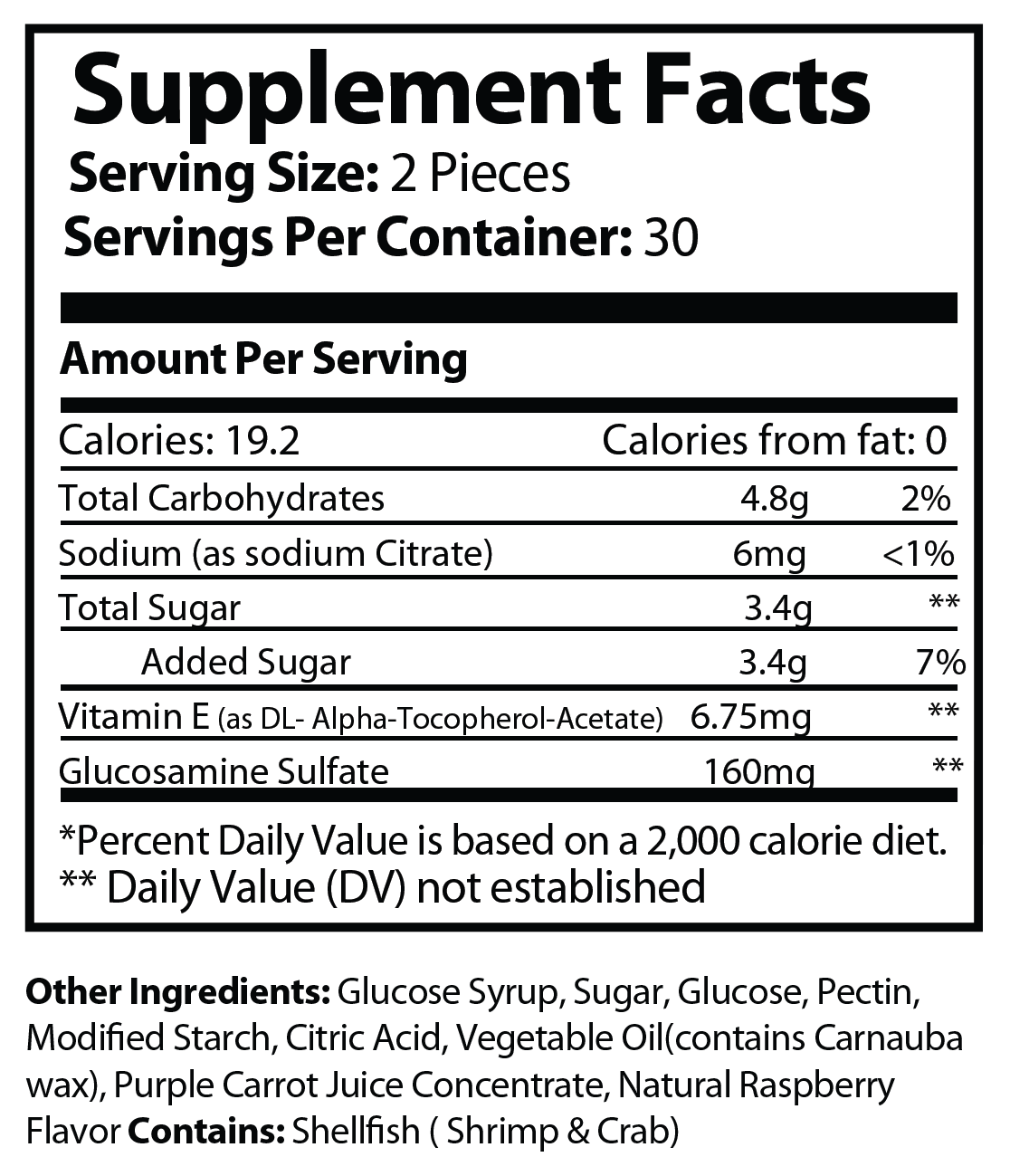 Supplement Facts panel for Natural Extract Joint Care Gummies (ROC923)
